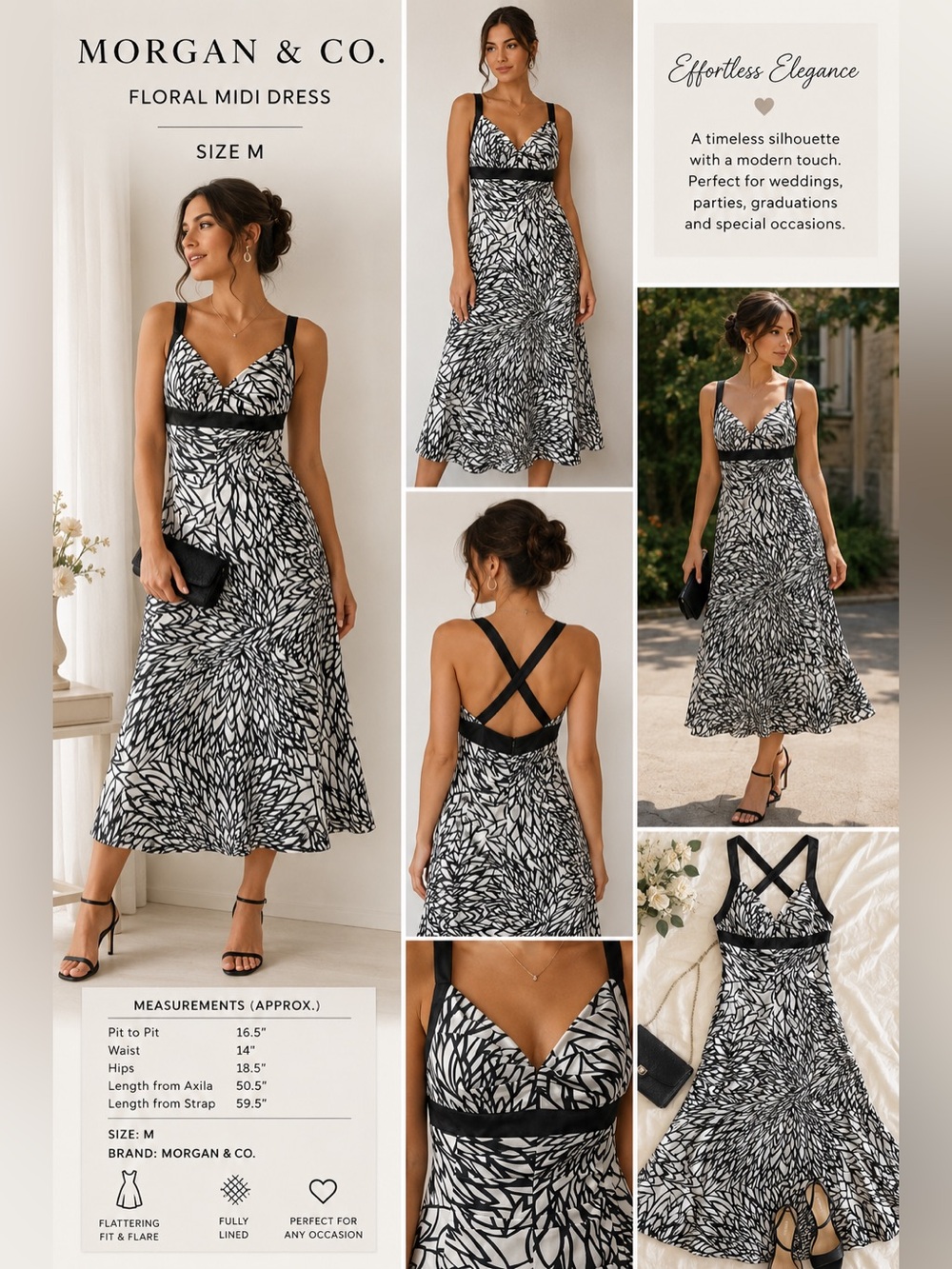 Morgan & Co Black White Floral Print Fit & Flare Midi Dress M
